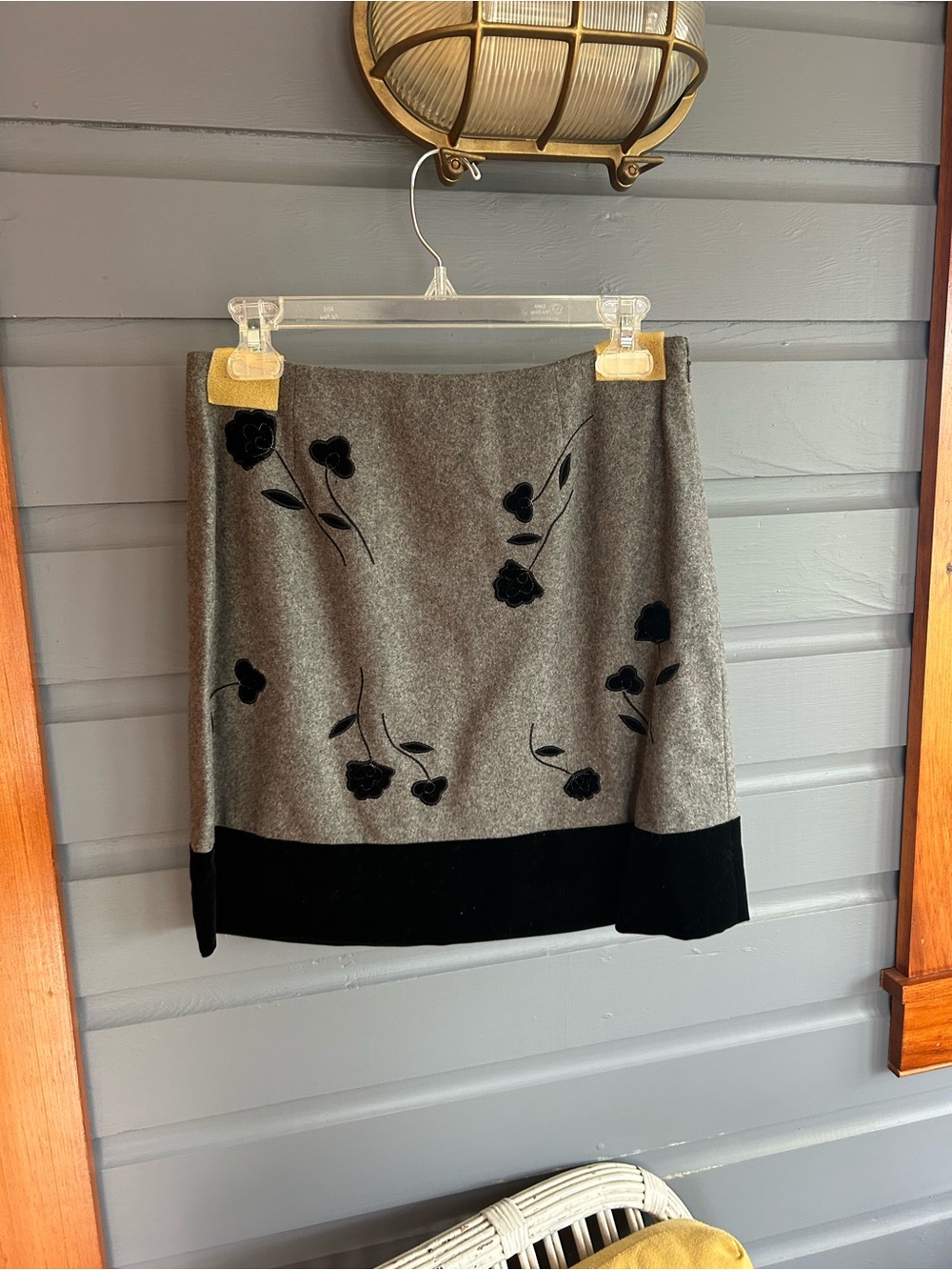 Ann Taylor Gray Pencil Skirt with Black Floral and Velvet Details